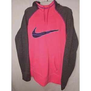 Nike Therma Fit Hoodie Womens Large Pink Gray Pull Over Athletic Sweatshirt